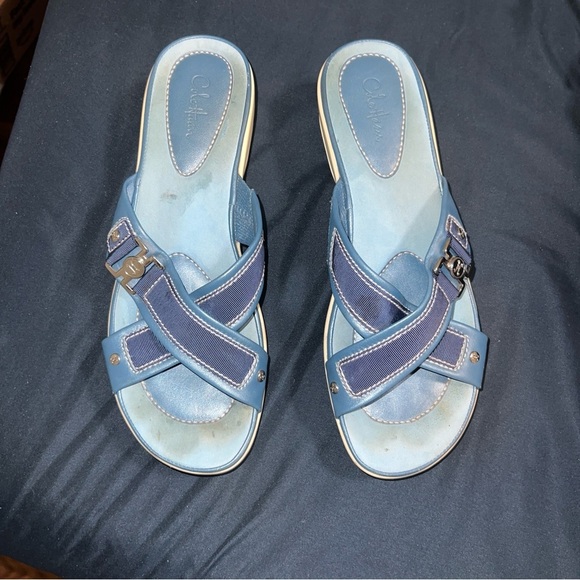 Cole Haan Wedge Sandals White Blue Strappy Air Pocket  G Series Shoes Sz 9 B - Picture 1 of 4
